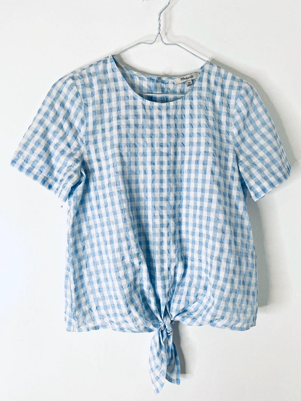 Madewell Blue White Gingham Tie Front Button Back Top